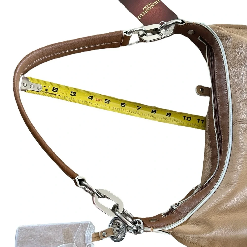 Tignanello Two-Tone Tan & Brown Leather Shoulder Bag White Ribbed Details New!